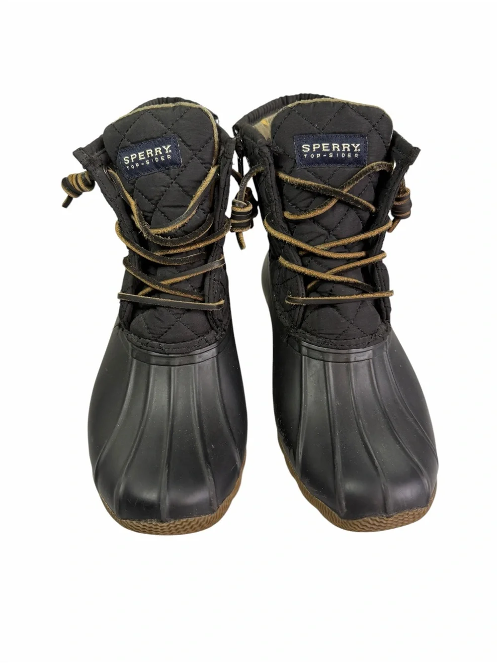Sperry Black Duck Boots with Brown Trim